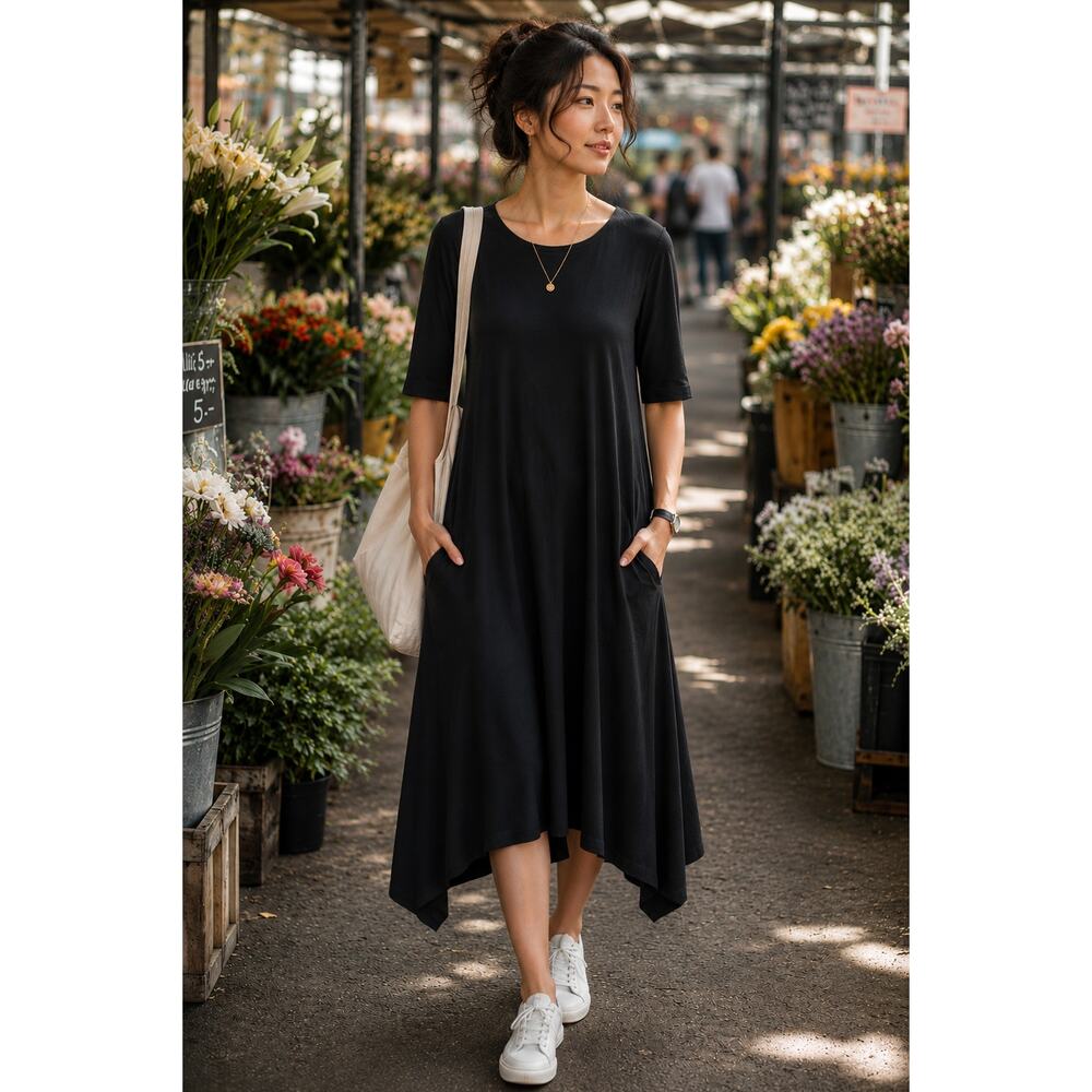 Black Sharkbite Swing Dress Pockets Modal Stretch Travel Capsule Wardrobe S